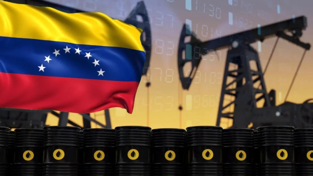 Petr&oacute;leo venezolano con bandera de Venezuela y bombas extractoras en contexto del mercado petrolero global.