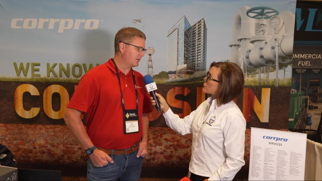 Interview about cathodic protection at the Corrpro stand during NISTM 2026.