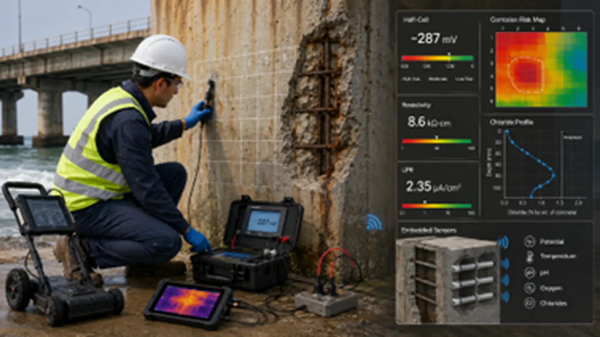 Evaluación de corrosión en concreto armado mediante ensayos electroquímicos y sensores para predecir vida útil estructural.