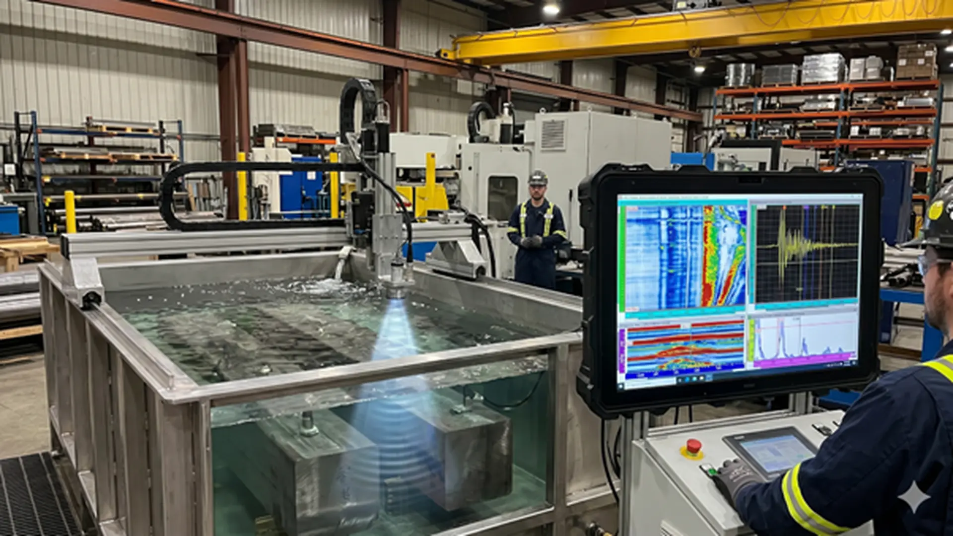 Automated immersion inspection tank with ultrasonic waves scanning metal billets and a display featuring NDT software