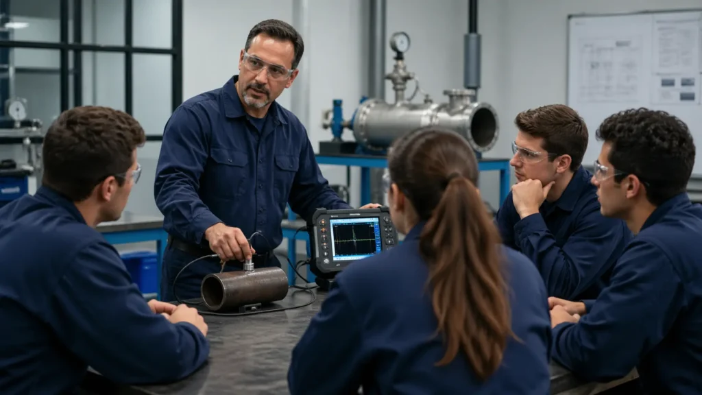 Formación en certificación NDT con entrenamiento técnico en entorno industrial
