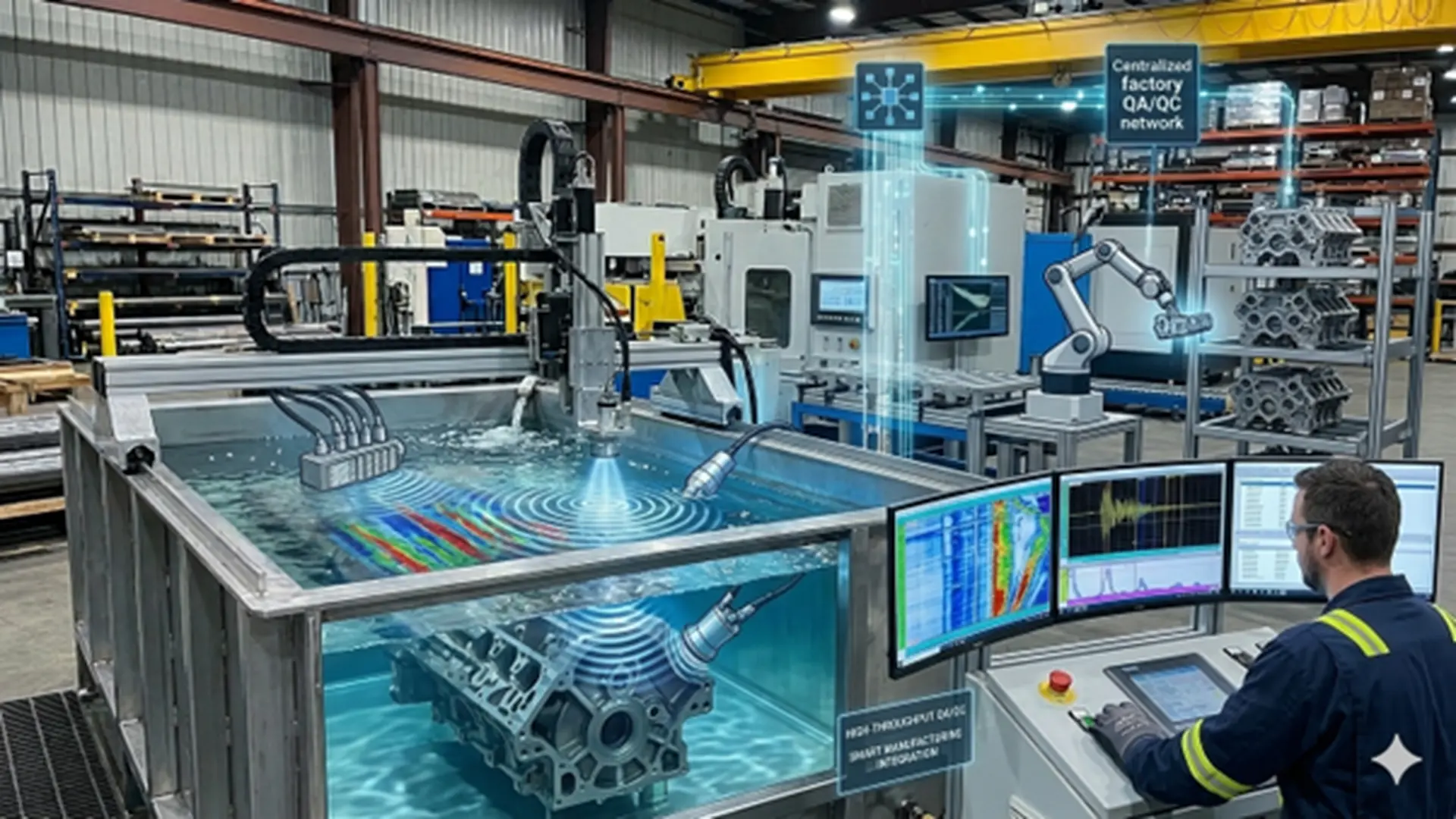 Automated immersion inspection using phased array technology and TFM imaging on a high-resolution display.