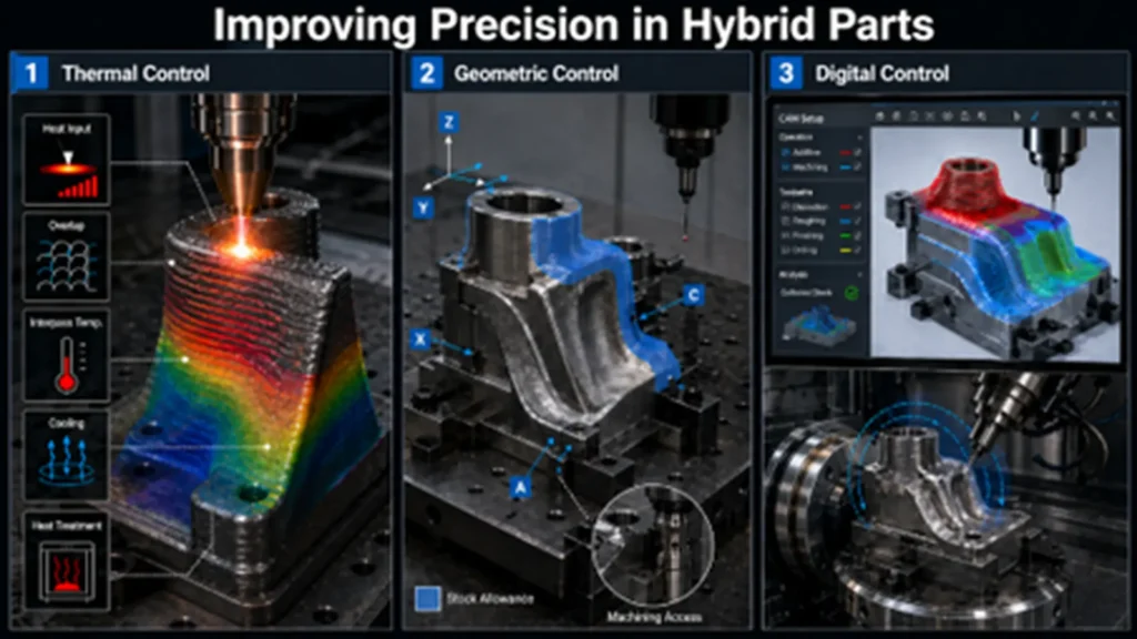  Precision control in hybrid parts through thermal management, geometric references, and digital CAD/CAM simulation