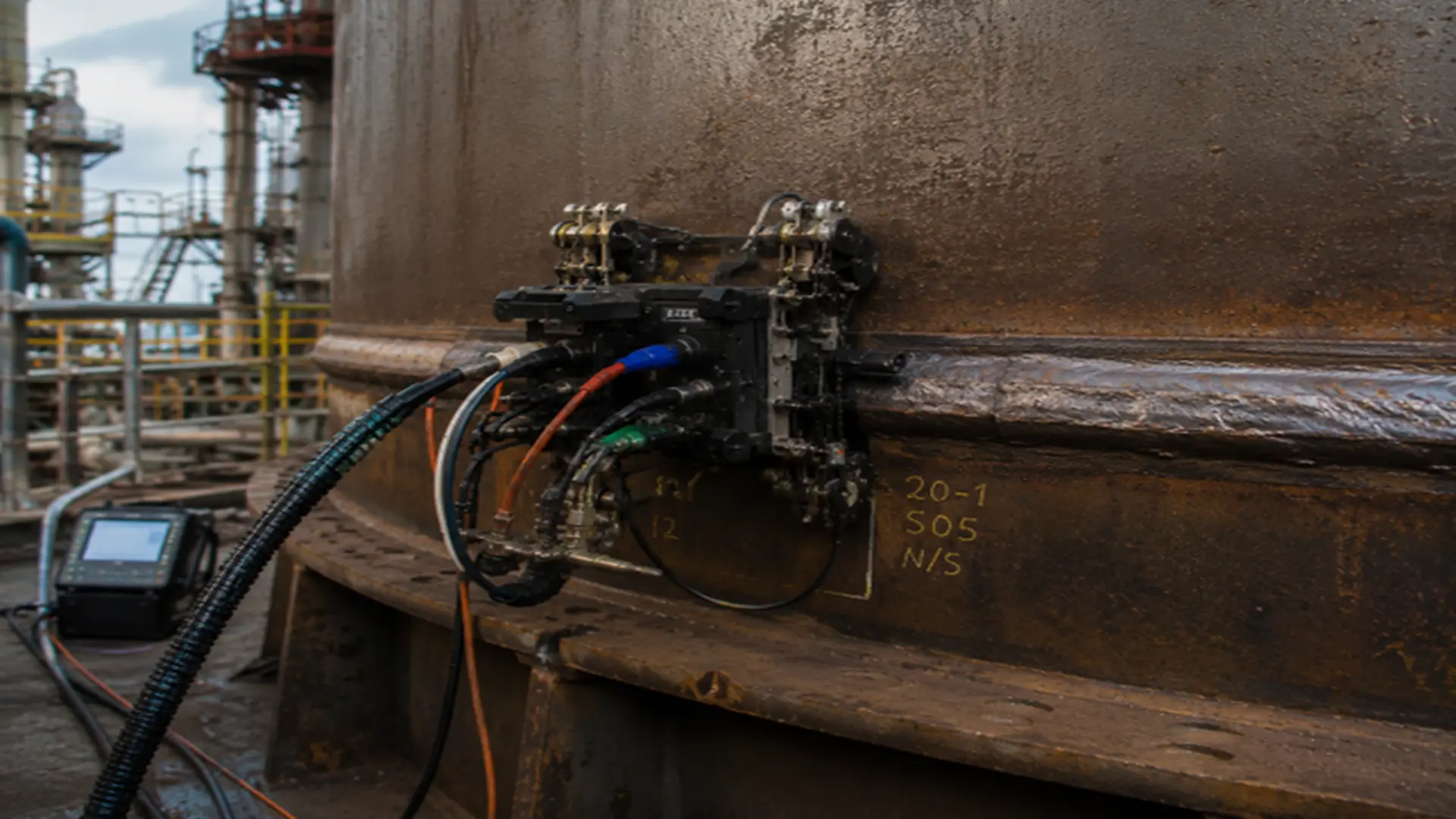 Automated ultrasonic inspection system used on industrial coke drums.