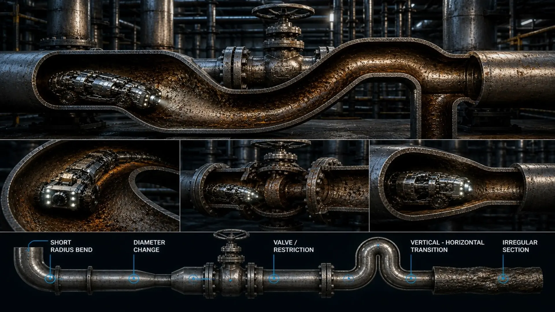 Inspection of non-pig-accessible pipelines using a crawler robot in pipes with complex geometries.