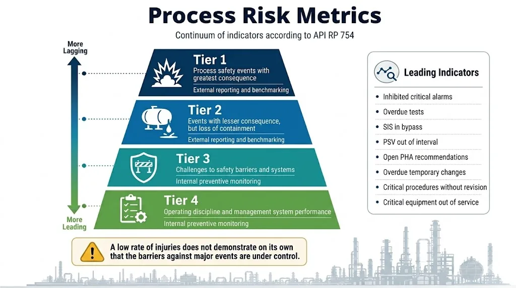 Process safety indicators: Tier 1 through Tier 4 according to API RP 754.