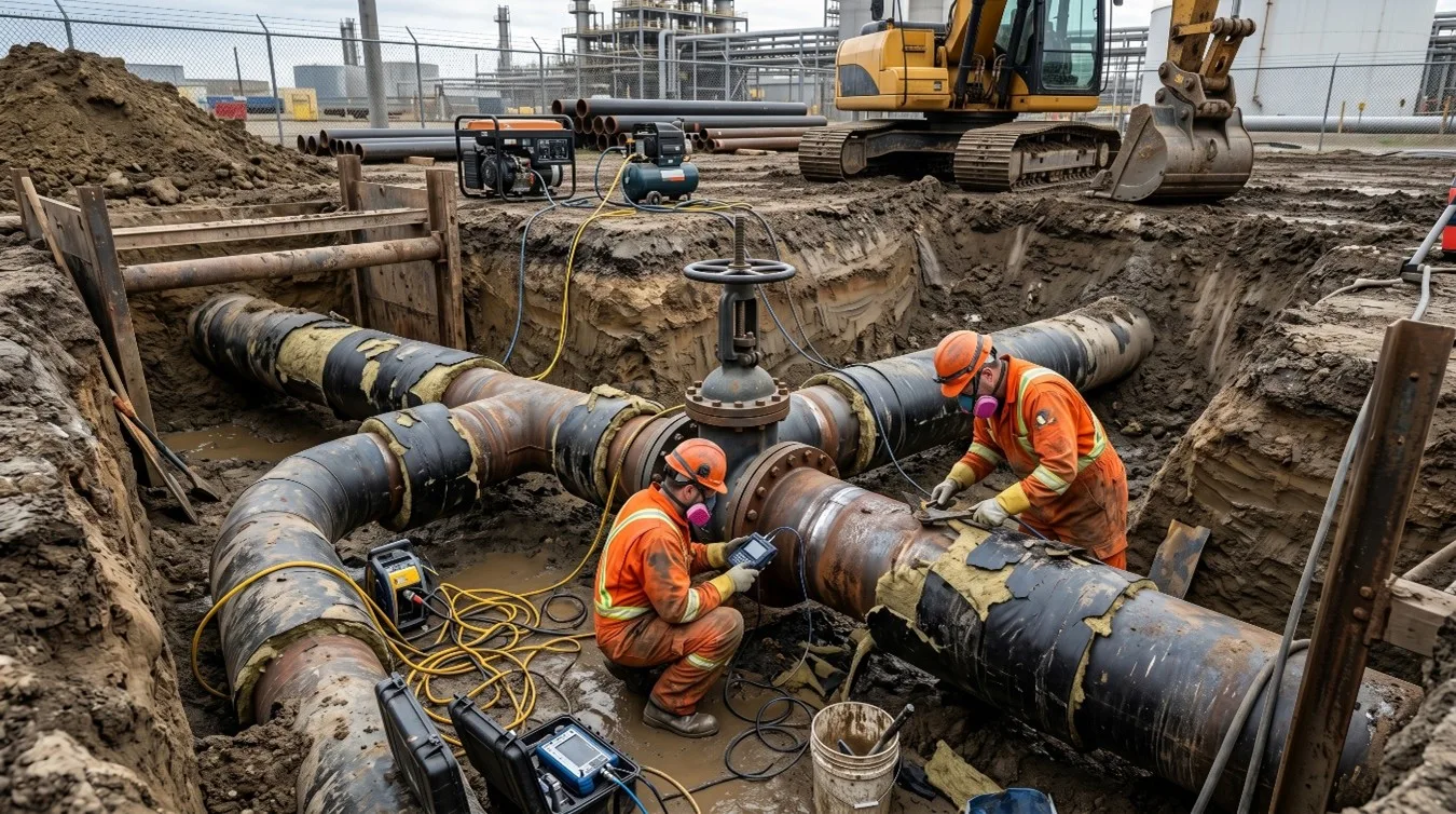 Non Destructive Inspection of partially exposed buried pipeline, with insulation removal (CUI).