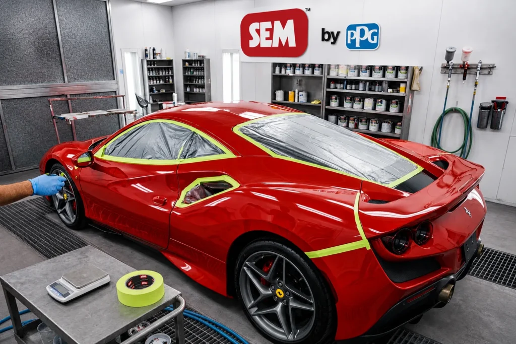 PPG presents SEM products for automotive abrasives and automotive finishes at a vehicle refinishing shop in Mexico.