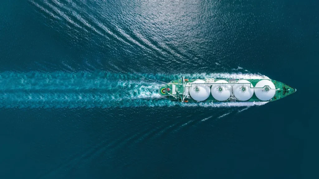 An LNG vessel sails the ocean while the Project Agogo boosts natural gas supply in PNG.