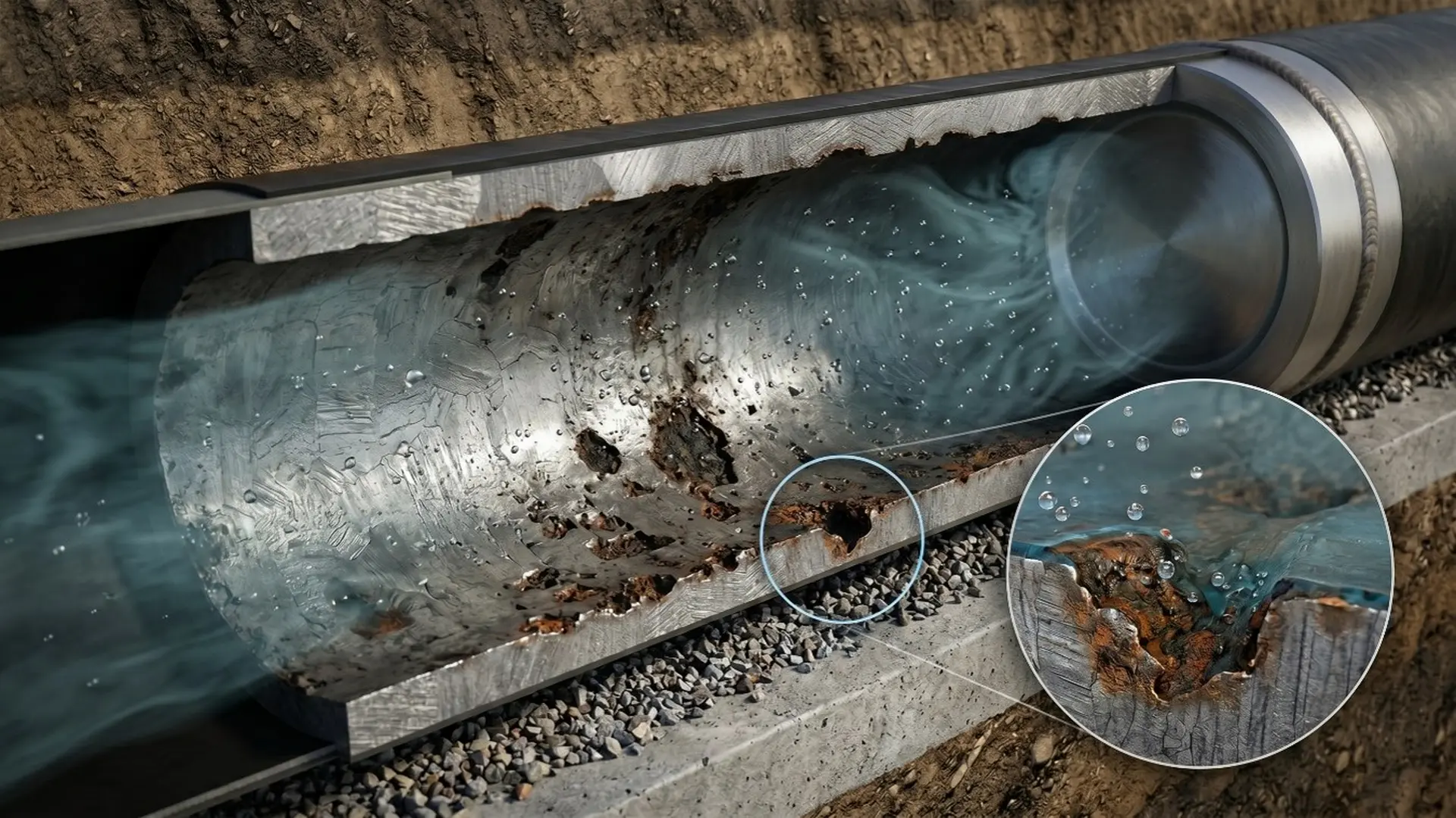 Corrosión en ductos de CO₂ evidenciada por pitting interno y degradación localizada de la pared en infraestructura de transporte para proyectos CCUS.