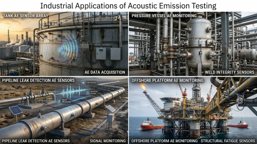 Acoustic emission applications for integrity monitoring of storage tanks, pressure vessels, pipelines, and offshore platforms.