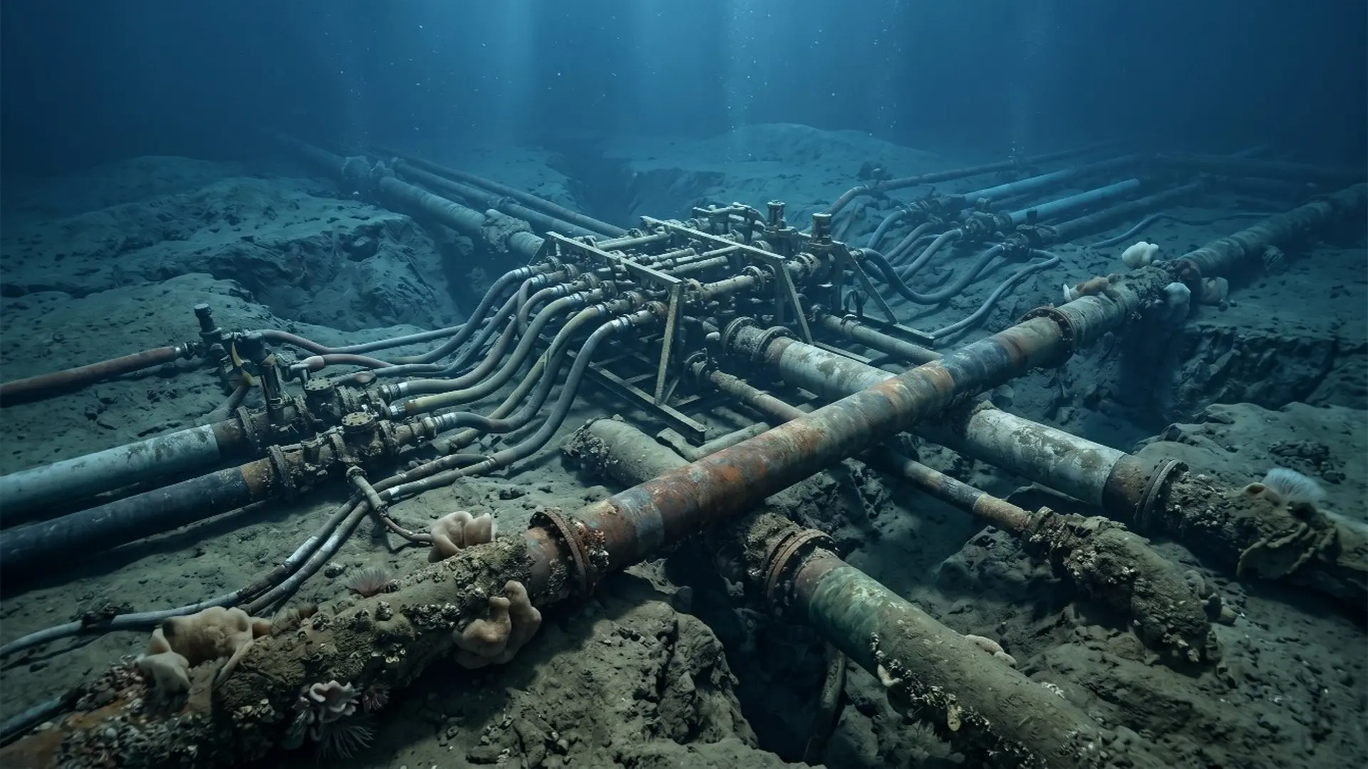 Ductos submarinos en aguas profundas con múltiples obstáculos de inspección e infraestructura offshore compleja.