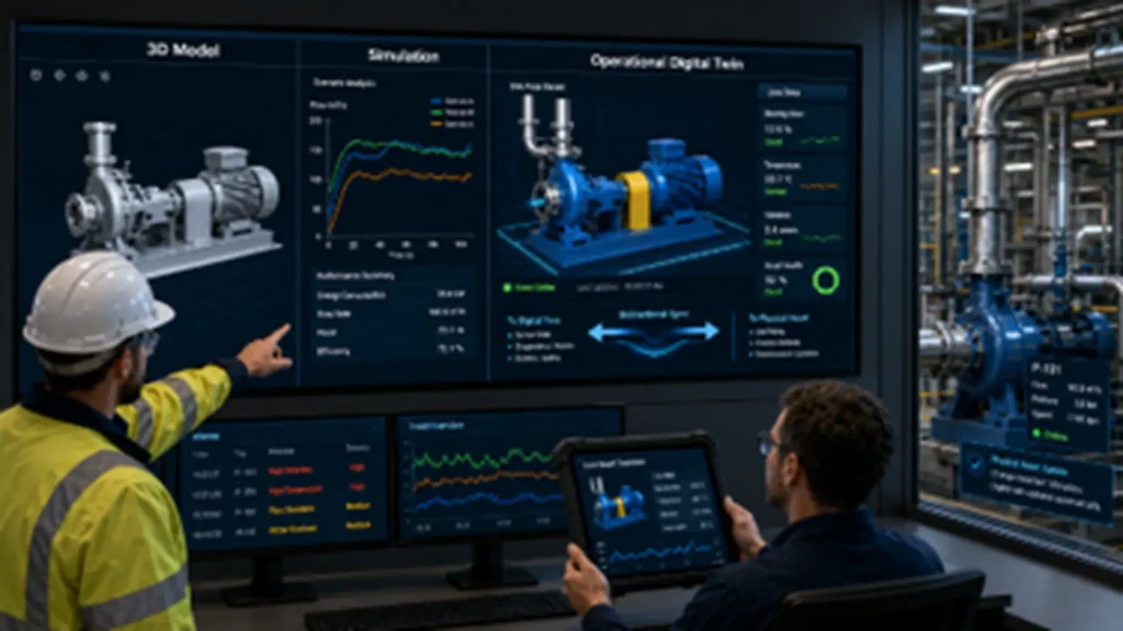Comparison between a 3D model, conventional simulation, and an operational digital twin connected to real plant data