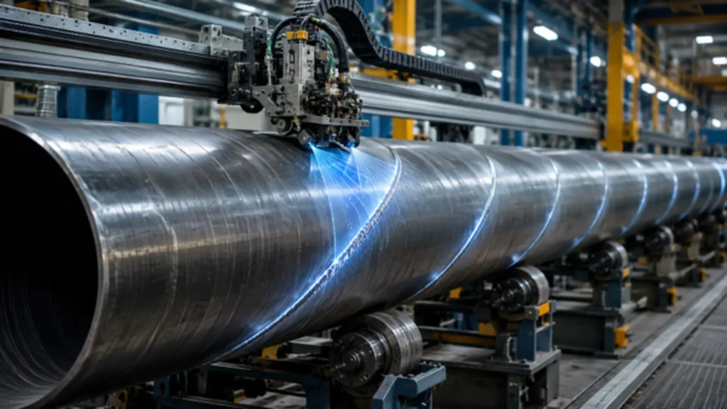PAUT inspection of an HSAW pipe with a visible helical seam on an industrial production line.