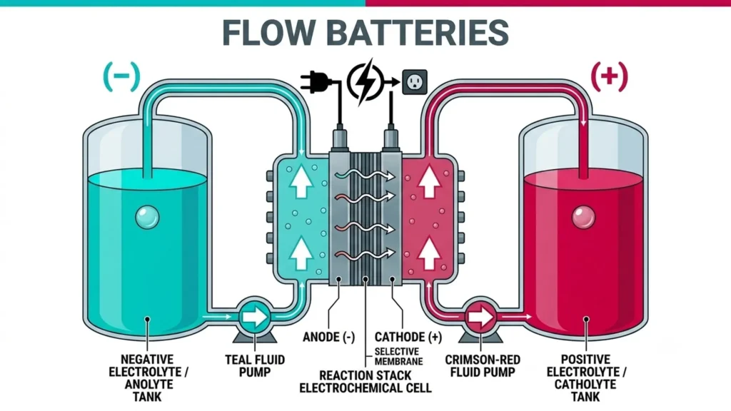 Flow batteries, schematic representation.