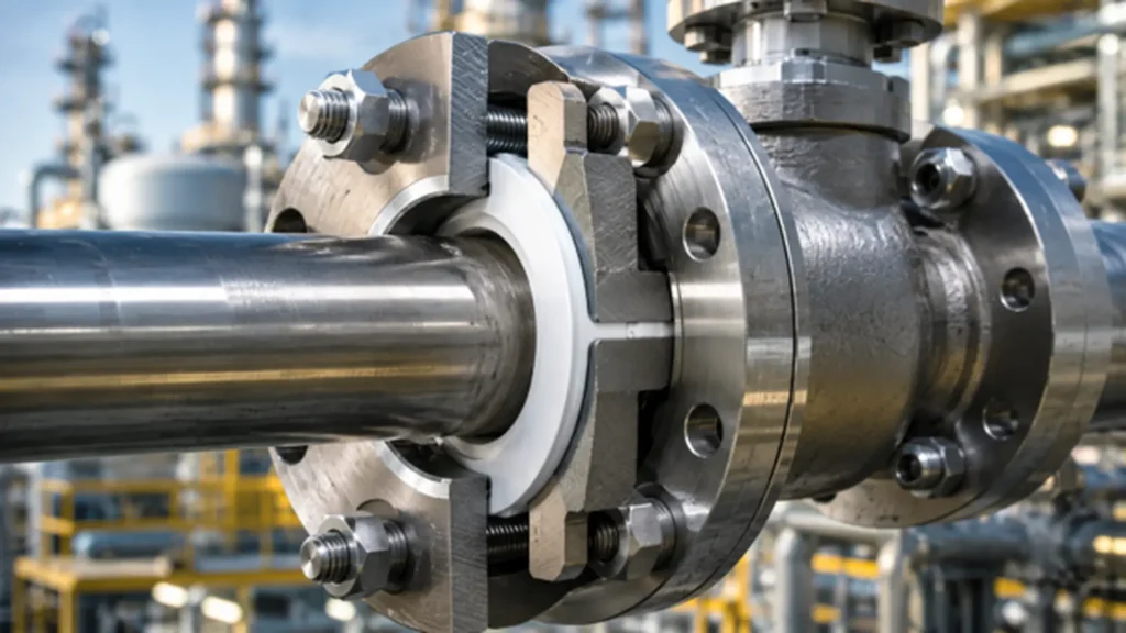 Close-up of a PTFE gasket compressed between flanged pipe connections to prevent industrial leaks.
