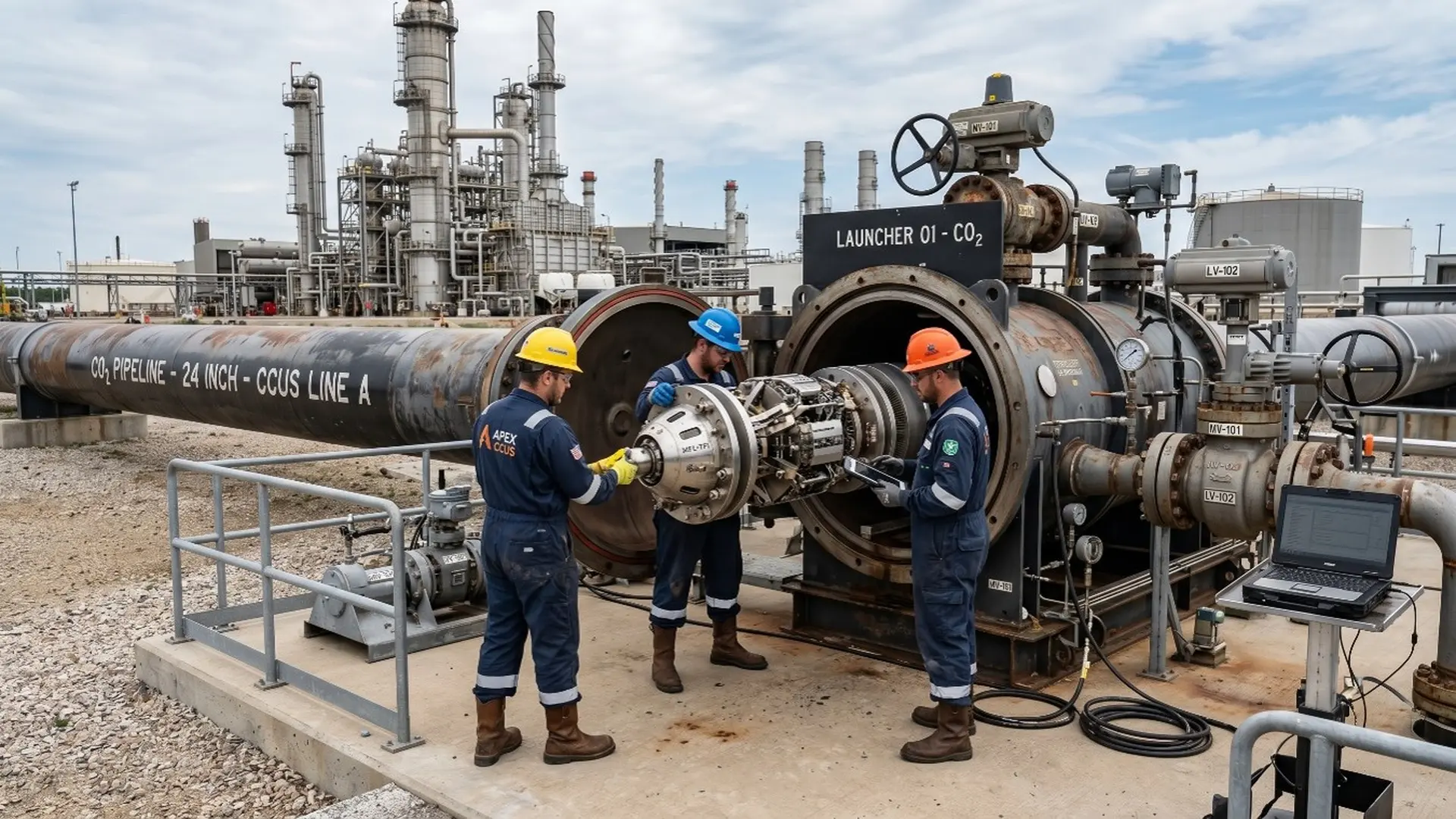 Inspección de ductos de CO₂ mediante tecnología Inline Inspection (ILI) durante una operación de pigging para evaluar la integridad mecánica en proyectos CCUS.