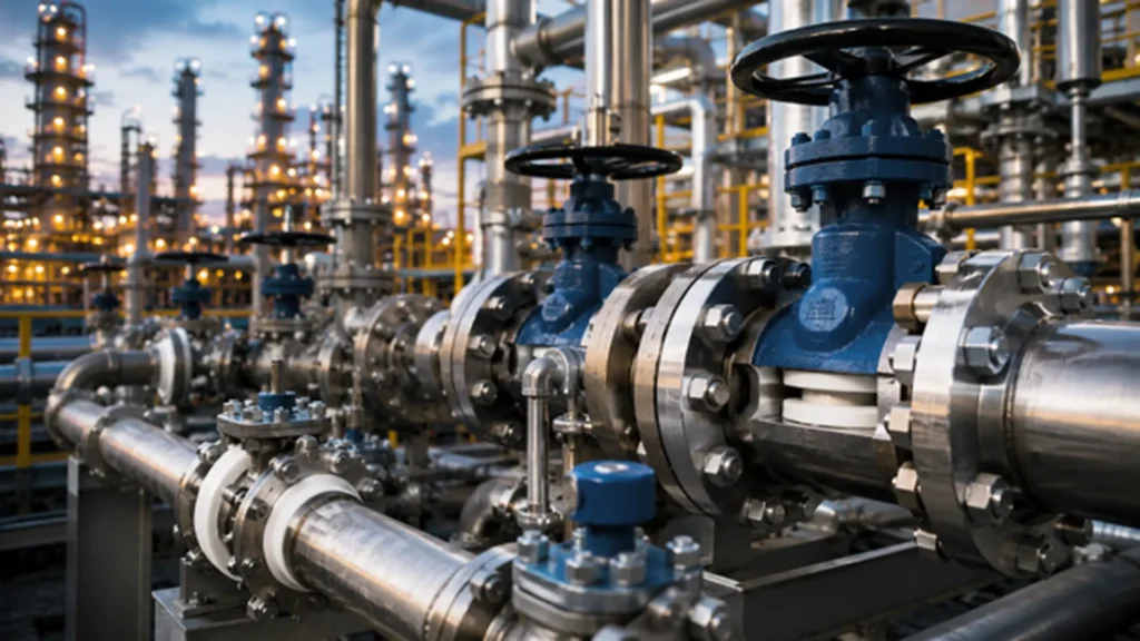 Válvulas industriales y sistemas de manejo de fluidos con sellado en PTFE en una instalación de petróleo y gas.