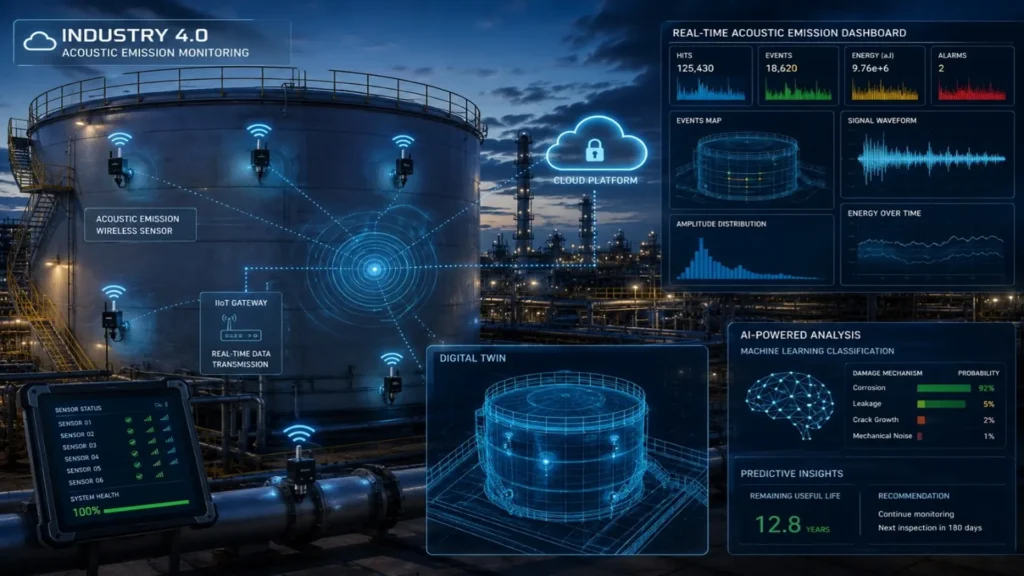 Acoustic Emission integrated with Industry 4.0 using smart sensors, digital twins, predictive analytics, and real-time asset integrity monitoring.