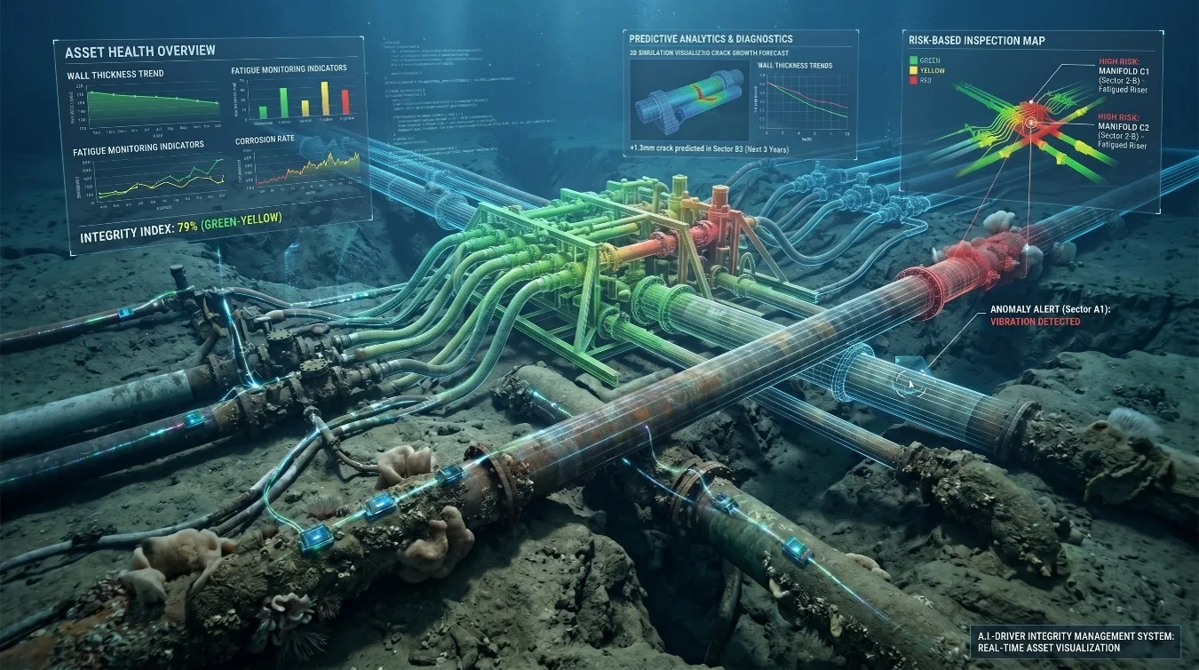 Ductos submarinos con monitoreo digital, inteligencia artificial y análisis predictivo para gestión de integridad.
