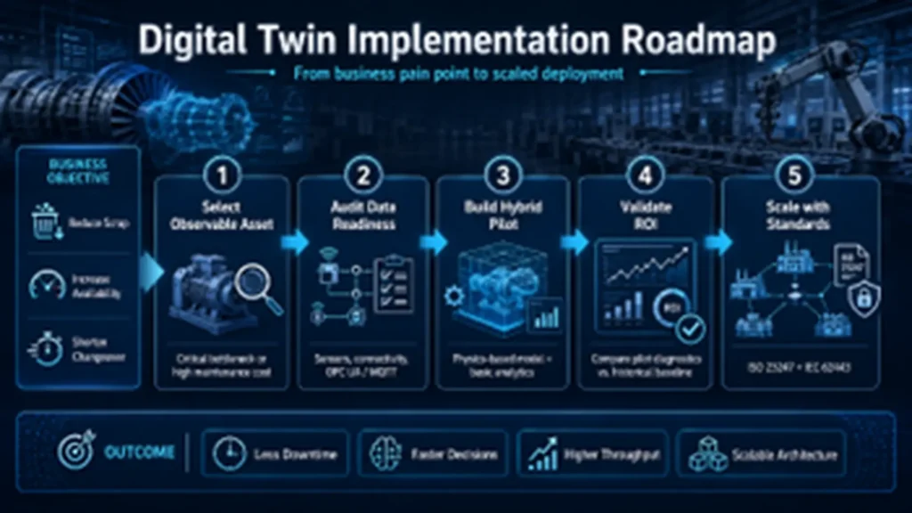 Roadmap for implementing digital twins in industrial manufacturing with ISO 23247, operational data, and ROI validation.