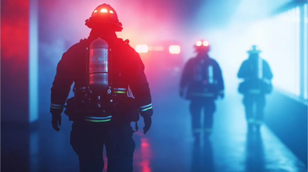 Espuma libre de PFOS y seguridad marítima: bomberos avanzan en una zona con humo durante una operación de control de incendios.