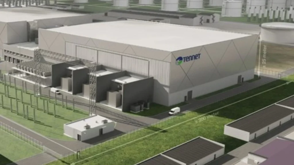Programa 2 GW de TenneT: vista digital de la subestaci&oacute;n terrestre IJmuiden Ver Alpha en Borssele, dise&ntilde;ada para integrar energ&iacute;a e&oacute;lica marina a la red el&eacute;ctrica de Pa&iacute;ses Bajos.