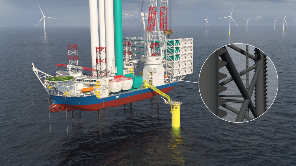 GustoMSC&rsquo;s ASYM R&P technology applied to an offshore wind vessel to increase lifting capacity during offshore wind turbine installation.