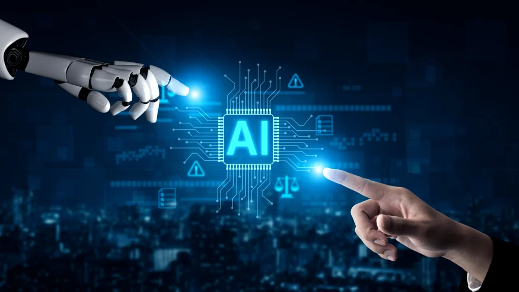 Ilustración conceptual sobre inteligencia artificial presentada en el API Inspection Summit, mostrando un brazo robótico y una mano humana interactuando con un procesador digital de IA.