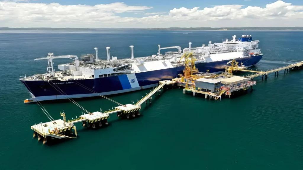 Liquefied natural gas FSRU project moored at a maritime terminal to bolster energy security through a floating storage and regasification unit.