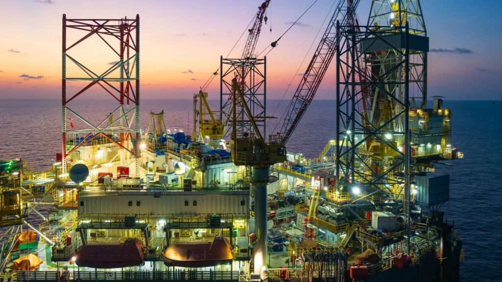 Offshore platform in Block 52, Suriname, during deepwater oil exploration operations.