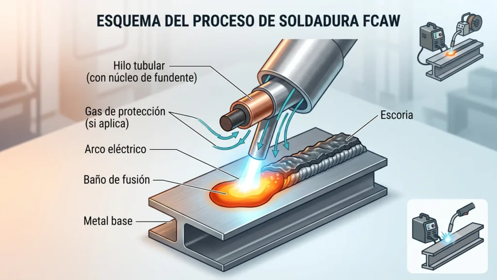 Diagram of the FCAW welding process using tubular wire.