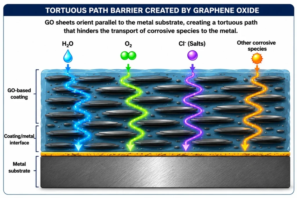 Mechanism of action of graphene oxide as an anticorrosive coating.