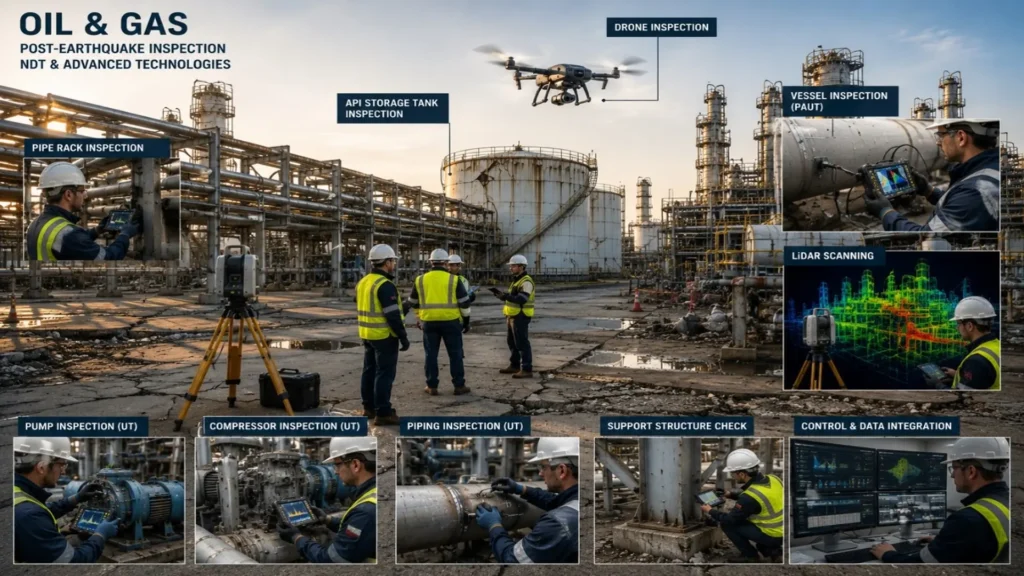 Post earthquake inspection of Oil and Gas facilities using Non Destructive Testing (NDT).