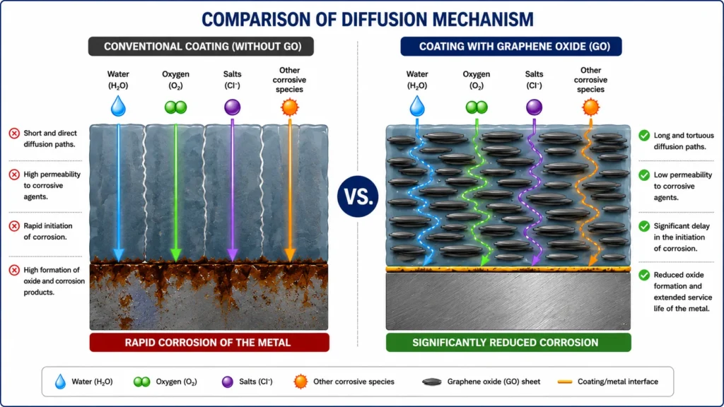 Diffusion mechanism in conventional coatings and coatings with graphene oxide (GO).