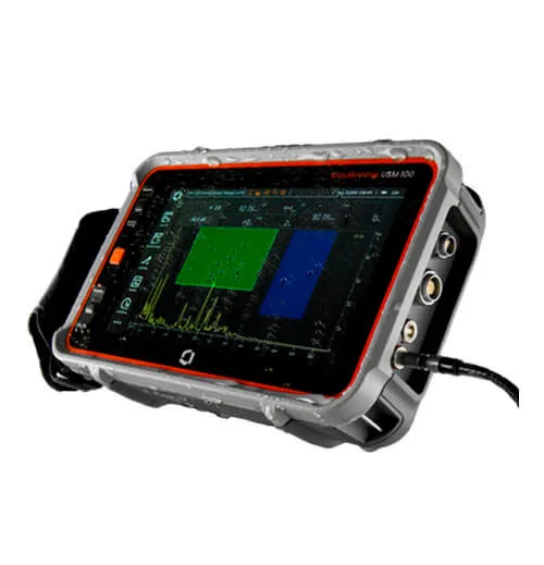 Equipo de ultrasonido industrial port&aacute;til para ensayos no destructivos (UT) utilizado en inspecci&oacute;n de materiales y detecci&oacute;n de defectos.