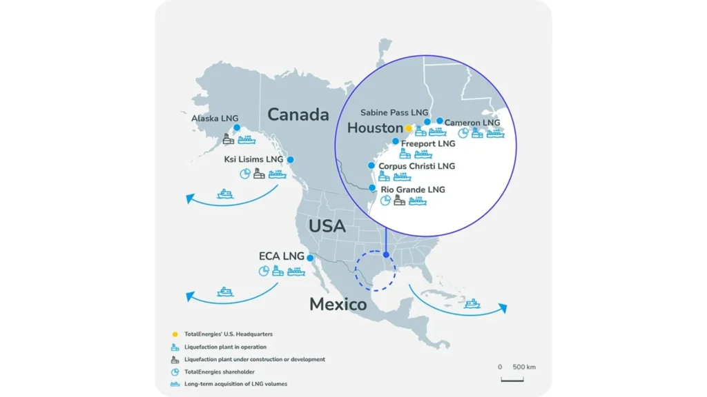 Network of liquefied natural gas assets and infrastructure linked to TotalEnergies in the United States, Mexico, and Alaska