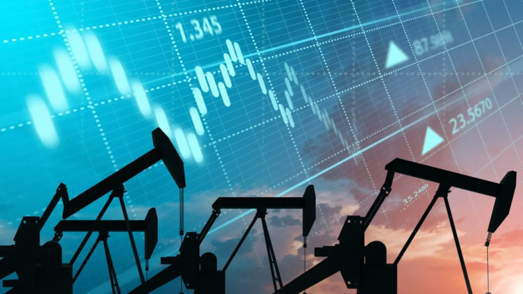 Precio del petróleo con gráficos financieros y bombas extractoras de crudo que ilustran el impacto de la tensión en el Estrecho de Ormuz sobre el mercado petrolero.