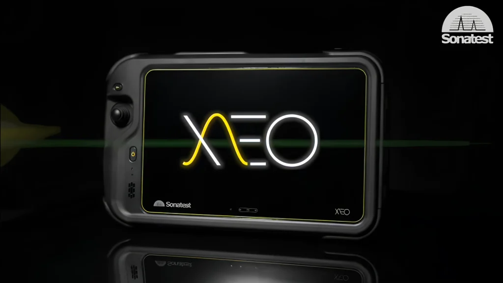 Sonatest XEO advanced ultrasonic inspection unit featuring a front-facing display and a portable design.
