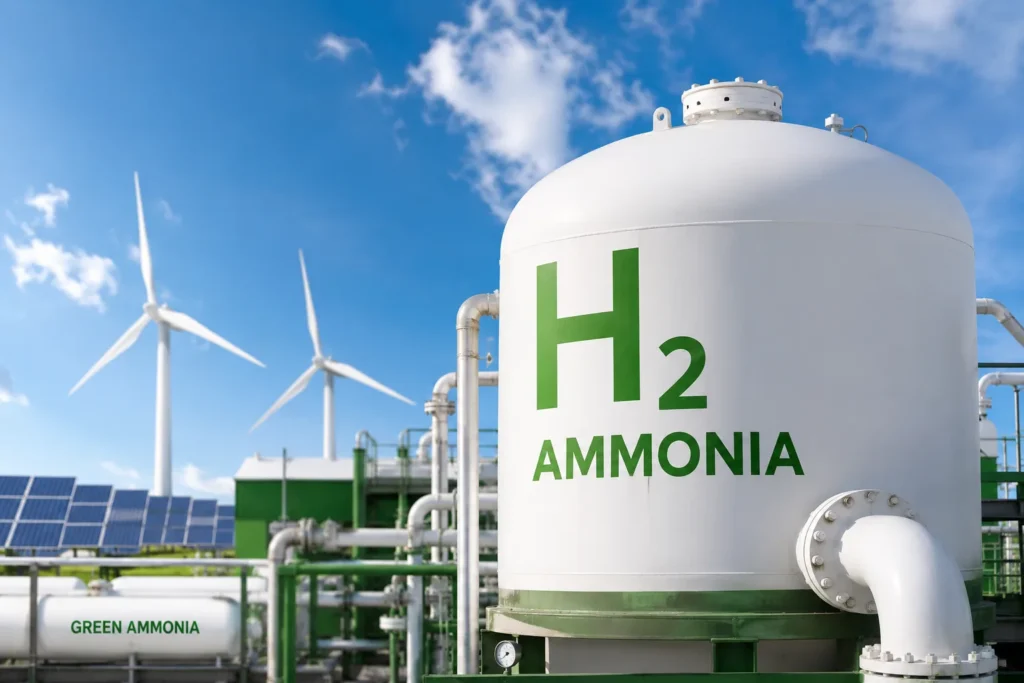 Green ammonia certificates from a production plant powered by wind and solar energy to drive clean fuels.