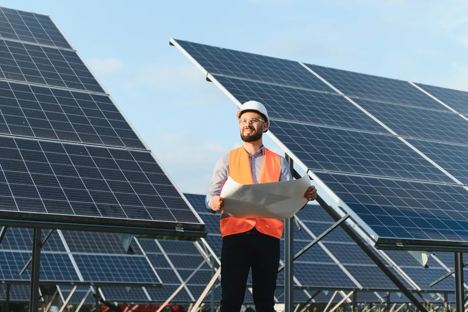 Engineer standing in front of photovoltaic panels at a large-scale solar plant.