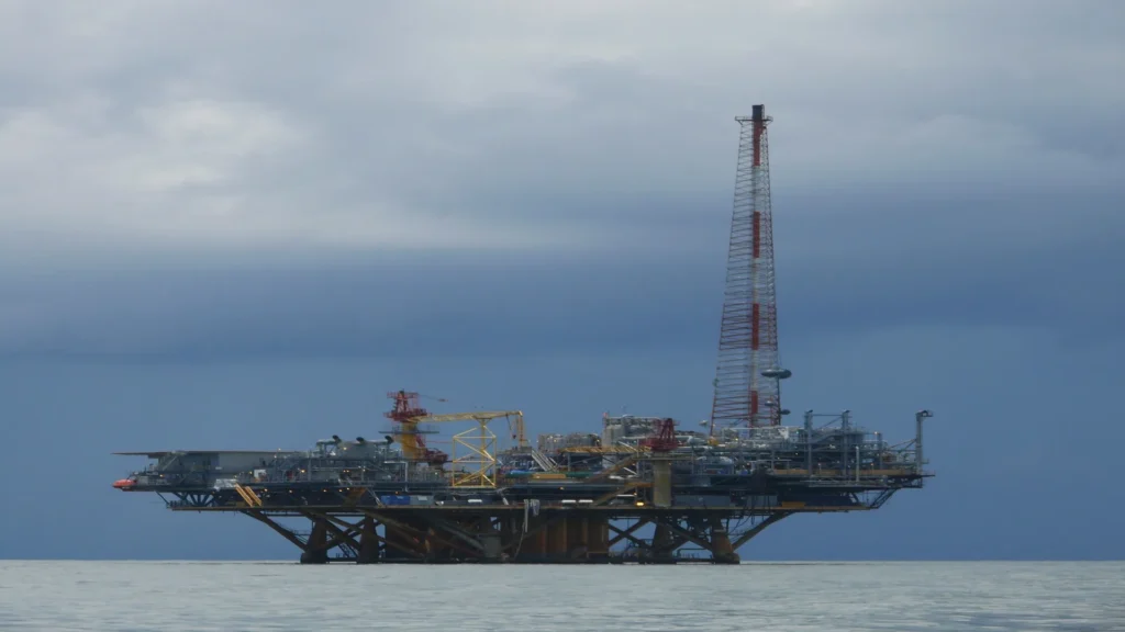 Deepwater natural gas offshore platform in the Colombian Caribbean during exploration operations.