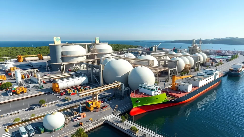 Planta de producción de amoníaco junto a infraestructura portuaria y buques para transporte marítimo.