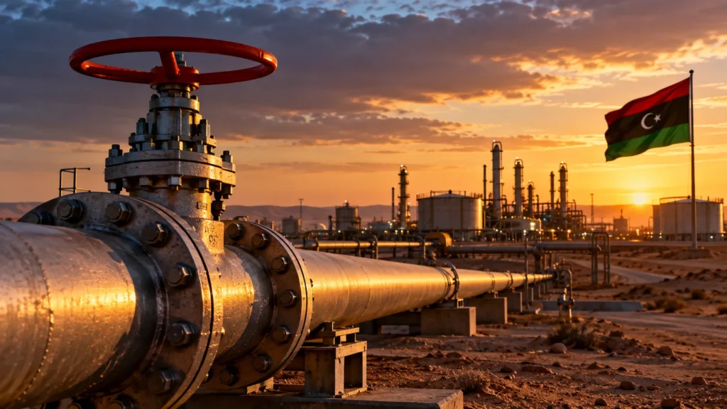 Oleoducto Sharara Zawiya transporta petróleo en Libia junto a instalaciones petroleras.