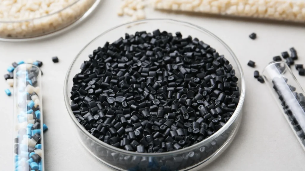 Recycled HDPE granules analyzed to study their strength and degradation.
