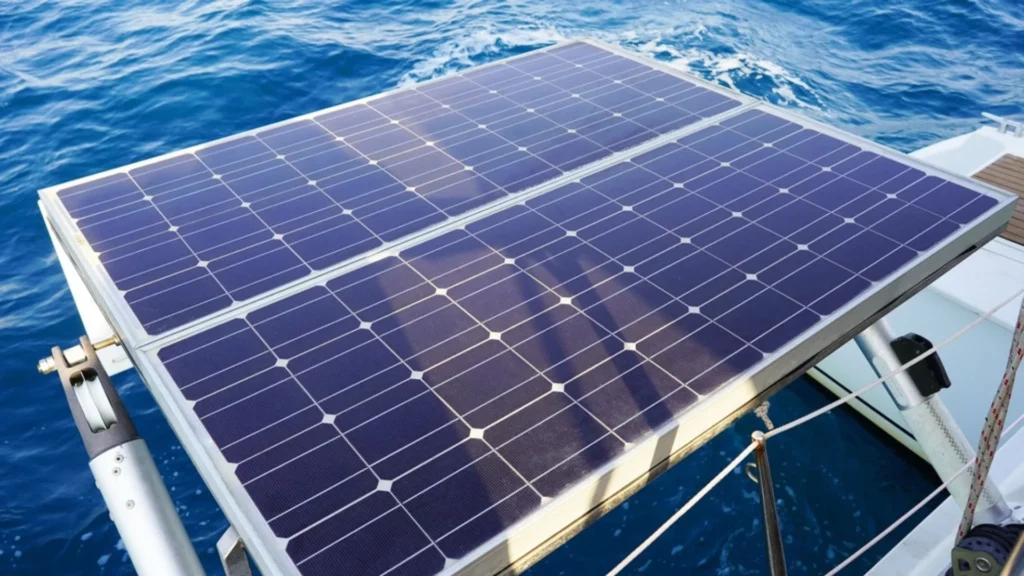 Underwater solar cells installed on a vessel to generate energy using photovoltaic technology in marine environments.
