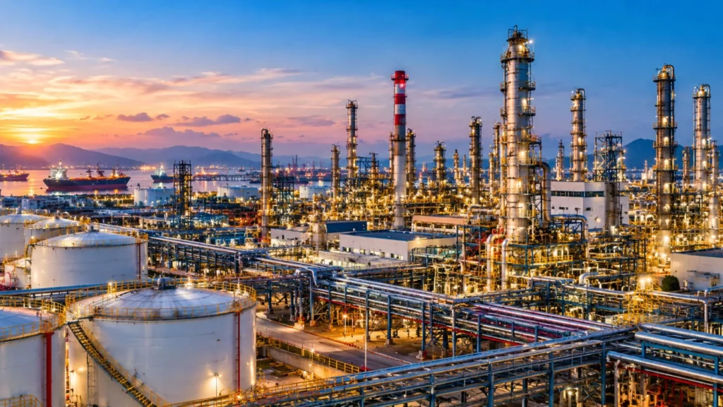 Fuel exports at a refinery with storage tanks and processing towers.